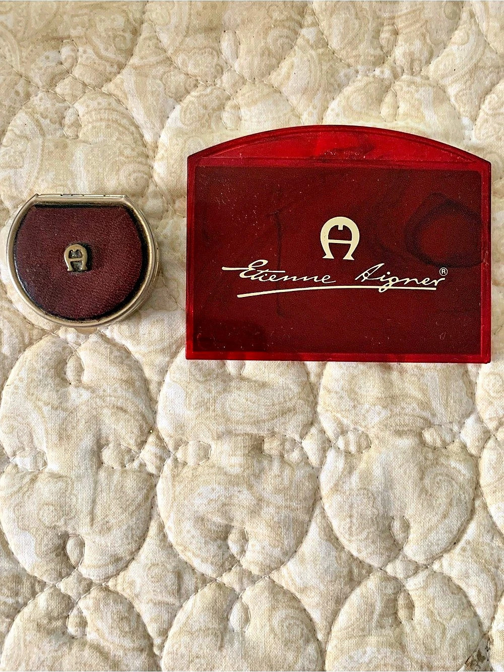 Etienne Aigner Vintage Leather and Brass Pill Box / Compact Mirror Compact
